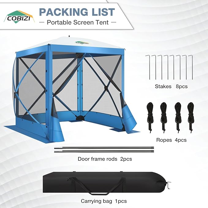 COBIZI Pop Up Gazebo Screen Tent Screen House for Camping, 6FTx6FT Screen Room with Mosquito Netting, Hub Tent Instant Screened Canopy with Carrying Bag and Ground Stakes, Blue