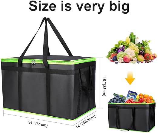 XXXL-Large Insulated Grocery Shopping Bags, Green, Reusable Bag,Thermal Zipper,Collapsible,Tote,Cooler,Food Transport hot and Cold,Camping,Recycled Material delivery Groceries