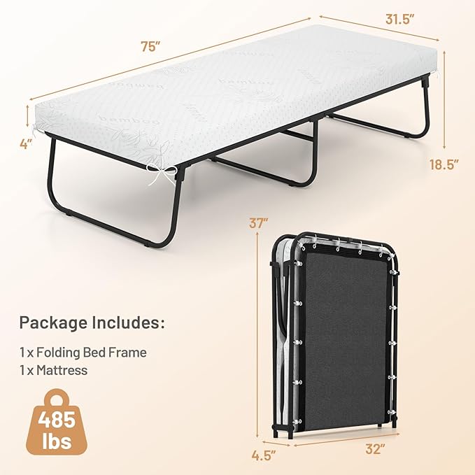 GOFLAME Folding Bed with Mattress Cot Size, 75” x 31” Rollaway Guest Bed Foldable with Memory Foam & Sturdy Metal Frame, Portable Roll Away Beds for Adults for Living Room, Office