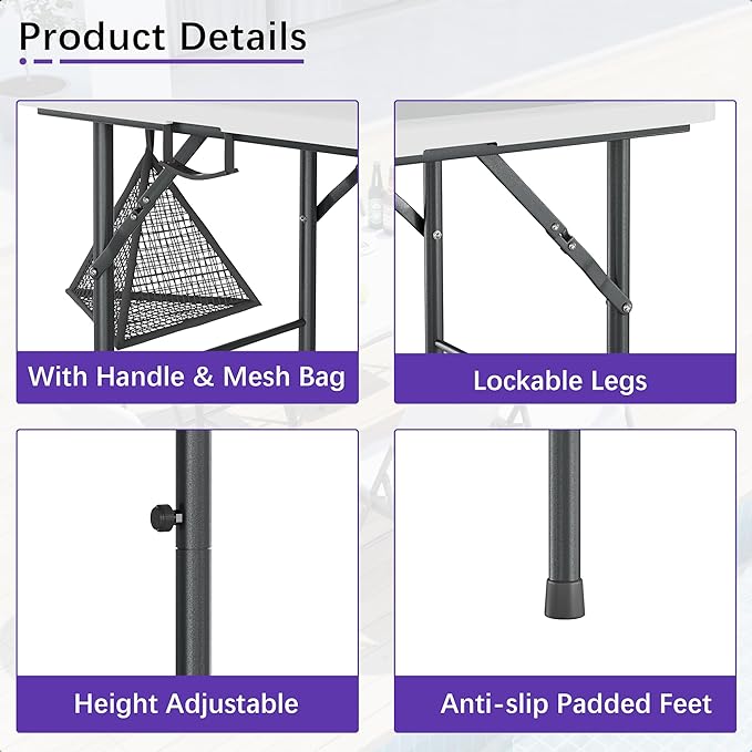VECELO Folding Table 4 Foot with Mesh Bag, Indoor Outdoor Heavy-Duty Portable w/Handle,Fold-in-Half for Picnic, Party, Camping, White