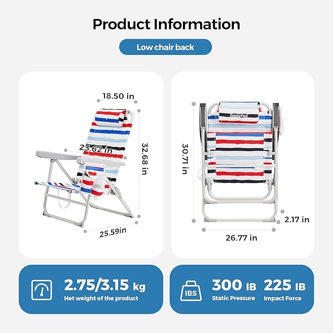 SUNNYFEEL Portable Beach Chair, Folding Low Back Beach Chair, Lightweight Camp Chair with Reclining Position, Backpack Lounger for Beach, Camping, Lawn, Outdoor, Red Blue White Striped, 2 Pack