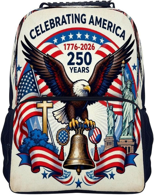 Men Women Polyester 250th Anniversary Freedom Eagle Art Casual Daypack Large Capacity Carry On Bag With Adjustable Shoulder Straps for Camping Work Running