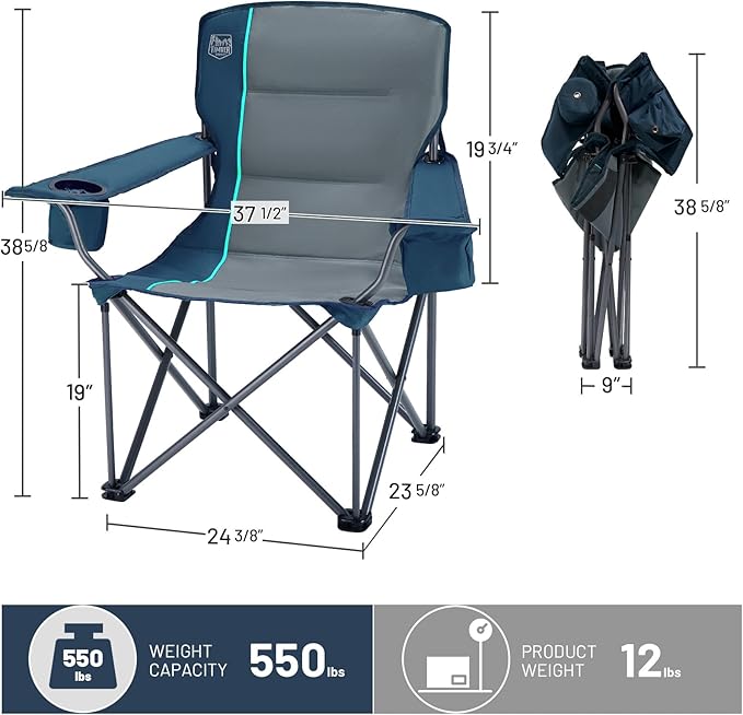 Timber Ridge 550 LBS Oversized Folding Camping Chair for Adults, Heavy Duty Outdoor Chair with Cup Holder Side Pocket for Camp, Lawn, Picnic, Navy-Upgrade