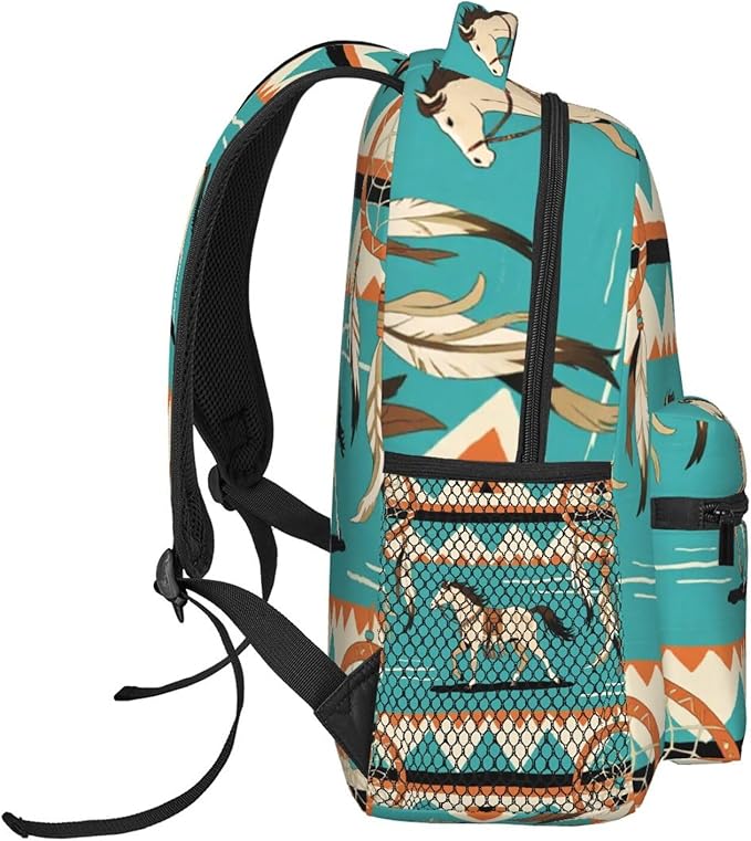 Men Women Lightweight Southwest Native American Ethnic Horse Dreamcatcher Art Backpack Large Capacity Carry On Bag With Padded Straps for Sports Work Walking Cycling