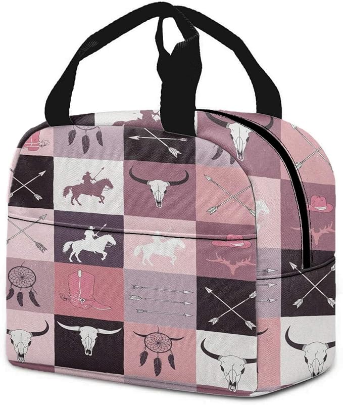 Western Retro Denim Insulated Lunch Bag Bear Deer Bird Nature Landscape Cactus Thermal Tote Portable Size (05)