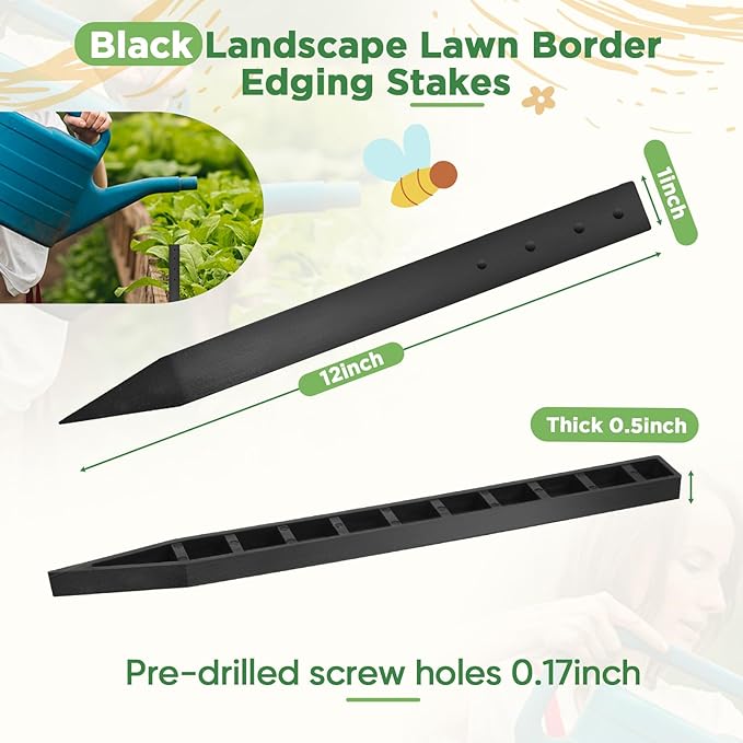 24 Pcs 12 Inch Heavy Duty Landscape Lawn Garden Border Stakes Black Plastic Stakes Easy Install Bender Board Garden Edging Thinner Terrace Outdoor Wires Bender Board Edging