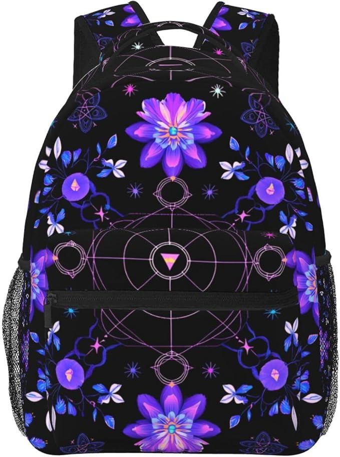 Adults Lightweight Magical Symbols And Flowers Art Rucksacks Large Capacity Bookbag With Adjustable Shoulder Straps for Trekking Outdoors Bicycle