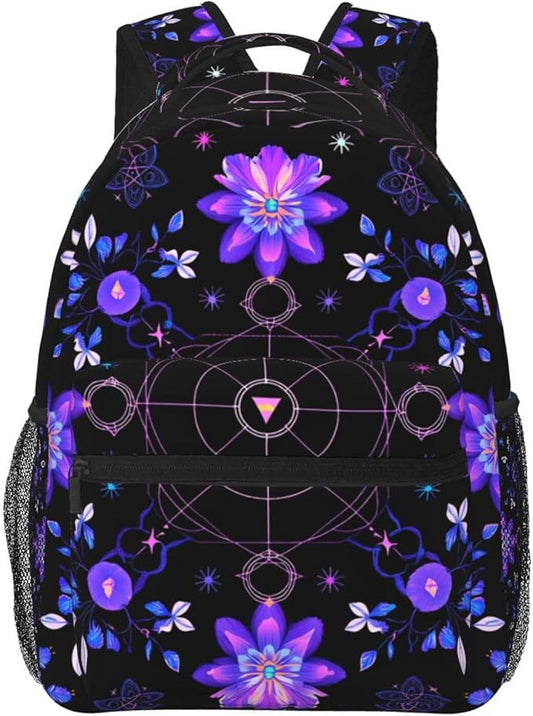 Adults Lightweight Magical Symbols And Flowers Art Rucksacks Large Capacity Bookbag With Adjustable Shoulder Straps for Trekking Outdoors Bicycle