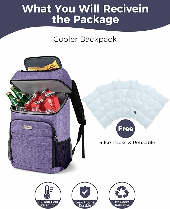 BAGLHER Lightweight Insulated Cooler Backpack - 30 Cans, Leak-Proof for Lunch, Picnic, Hiking, Camping Trips