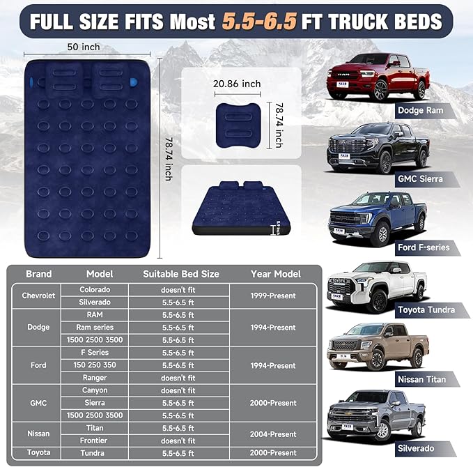 Umbrauto Air Mattress for 5.5-6.5 ft Short Bed Full-Size Trucks, Pickup Truck Airbed Mattress with Cordless Rechargeable Pump for Outdoor Travel