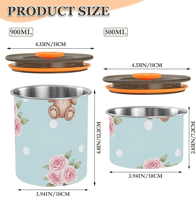 Bear and Rose Food Storage Containers Reusable Stainless Steel Containers with Lids Storage 900ML Jars for Cereal, Dry Food, Coffee