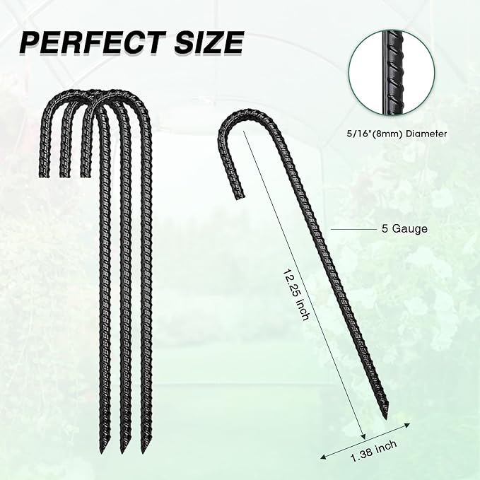 12 Inch Rebar Stakes Heavy Duty, 6 Pack Garden Stake J-Hook, Electrostatic Rust Proof Metal Stakes for Tent, Landscape,Outdoor Decorations, Fabric Ground Cover, Tube Fixing (Black, J-12in-6pc)
