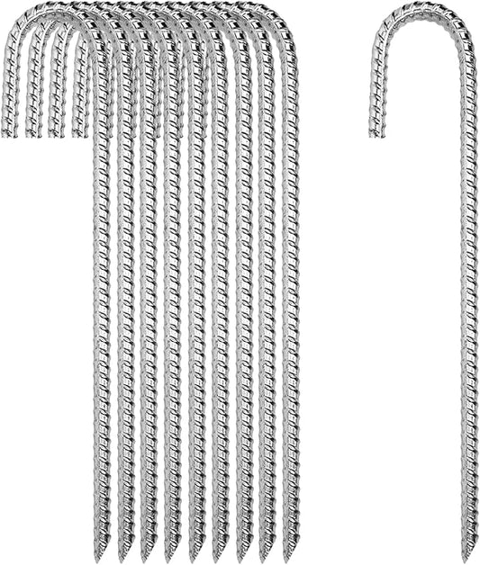 12 Inch Rebar Stakes Heavy Duty, 10 Pack Garden Stake J-Hook, Galvanized Rust Proof Metal Stakes for Tent, Landscape,Outdoor Decorations, Fabric Ground Cover, Tube Fixing (Silver, J-12in-10pc)