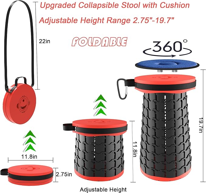 ALEVMOOM Higher 19.7" D 11.8" XXL Collapsible Stool with Cushion, Portable Telescoping More Sturdy Load Capacity 1000Lbs,Retractable Adjustable Camping Folding Stool for Outdoor Hiking BBQ