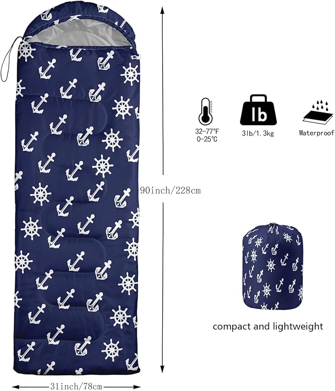 AILONEN Boys Sleeping Bag for Camping,Nautical Anchor,Lightweight & Waterproof,3 Season Warm & Cool Weather,Navy Blue Sleeping Bags for Kids Men Travelling,Outdoors