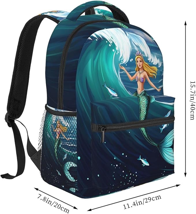 Daypack Backpack Anti-Theft Multipurpose Large Capacity Carry On Bag, Fantastical Style Mermaid And Huge Waves Art Traveling Camping Backpack With Side Pockets