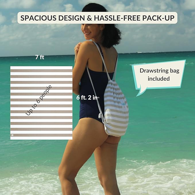 Plush Microfiber Beach Blanket, Extra Large Beach Mat for 3-6 Persons, Sandproof, Windproof | Hole for Umbrella, Corner Sand Pockets to Fight Wind (Bag for Blanket Included)
