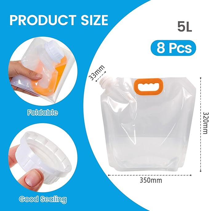 8 Pcs Water Container Bags,BPA Free No-Leak Foldable Plastic 1.3 Gallon Collapsible Water Container Bag for Alcohol Juice Seed Storage Camping Hiking Backpack Emergency Storage Jug