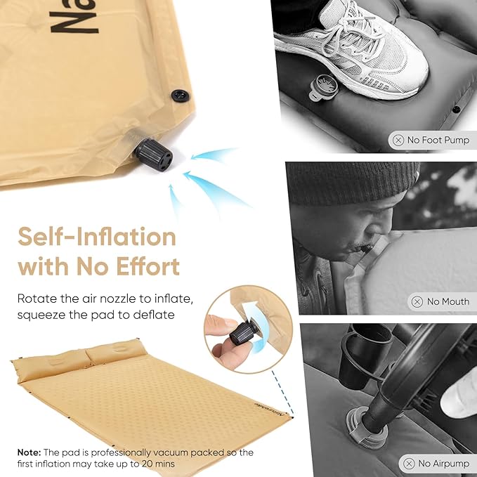 Naturehike Self-Inflating Sleeping Pad, Ultralight Memory Foam Pad with Pillow, Fast Inflating, Patchwork Sleeping Pad for Hiking, RV Camping, Full, Yellow