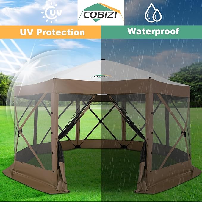 COBIZI 15x15 FT Pop Up Gazebo - Canopy Tent, Large Gazebos On Clearance with Sidewalls, Screened in Gazebo,carpas para Patio,Portable Screen Tents for 12-15 Persons Outdoor Camping, Backyard,Brown