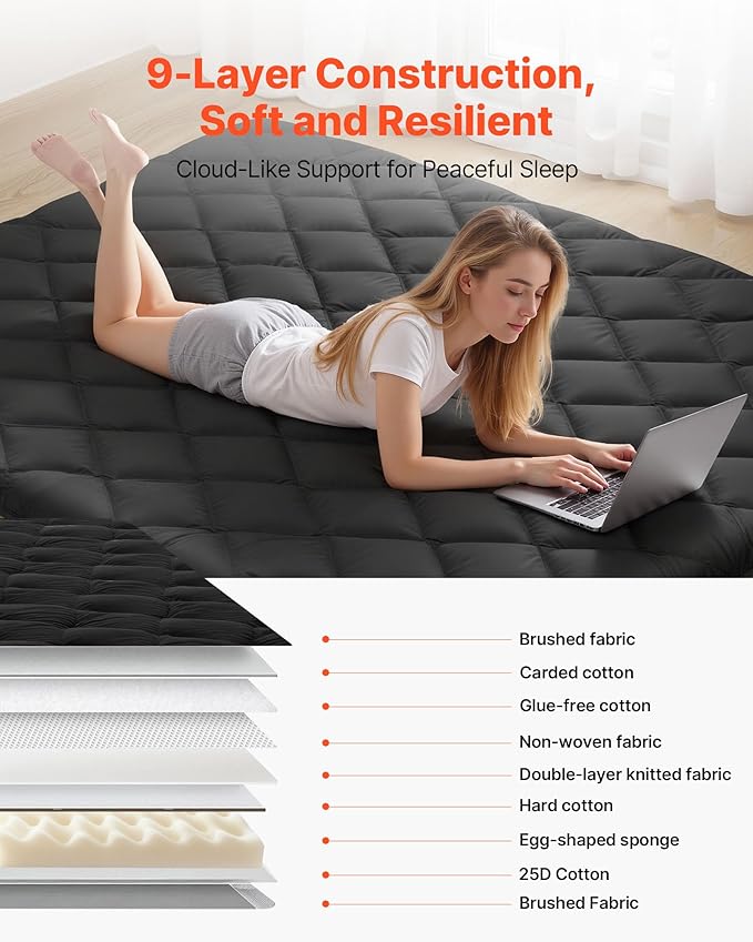 VEVOR 9-Layer Japanese Futon Mattress, 3.5" Thick Queen Tatami Mat, Foldable Roll Up Mattress for Sleeping with Storage Bag, Portable Floor Mattress for Camping Dormitory Yoga, Black