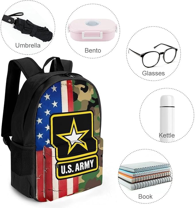 Supdreamc Polyester Daypack Bookbag for Gym Business Bicycle, Large Capacity Multipurpose Anti-Theft Carry On Bag, American Flag Army Green Camo Usa Retro Camouflage Travel Hiking Daypack
