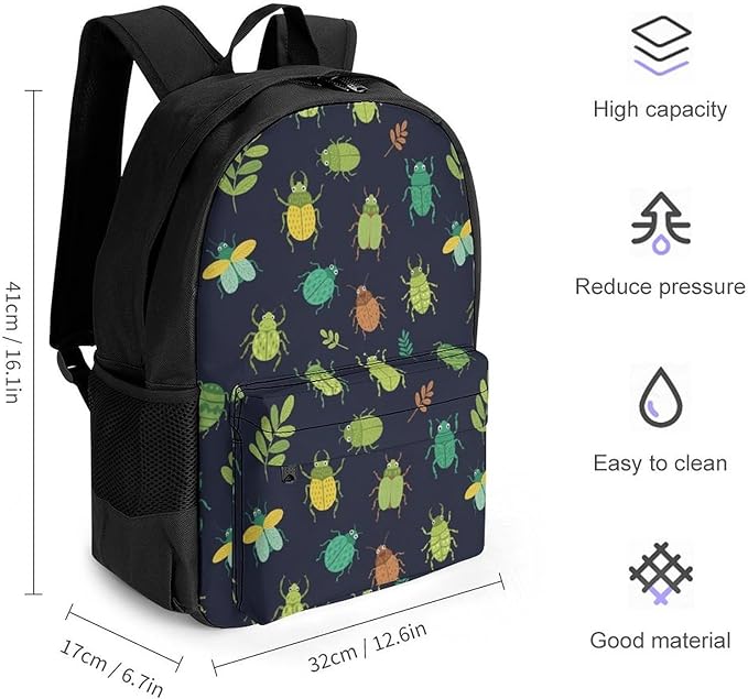 Men Women Polyester Insect Beetle Art Daypack Big Capacity Shoulder Bag With Smooth Zippers for Hiking Work Walking Cycling
