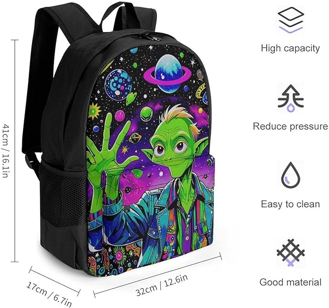 Supdreamc Daypack Bookbag Anti-Theft Multipurpose Large Capacity Bookbag, Psychedelic Space Alien Art Travel Hiking Camping Rucksack With Adjustable Shoulder Straps