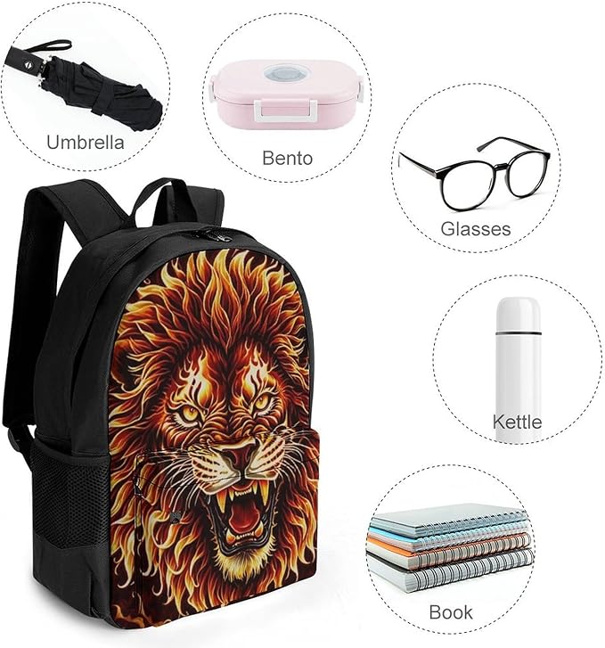 Polyester Daypack Bookbag for Gym Business Bicycle, Large Capacity Multipurpose Anti-Theft Carry On Bag, Fierce Wild Animal Angry Fire Travel Hiking Daypack