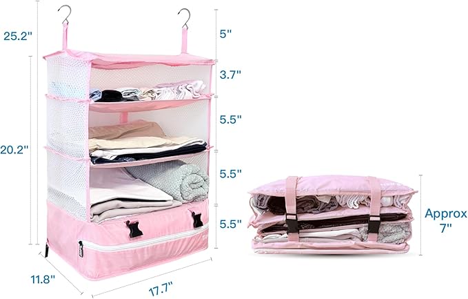 Grand Fusion Stow-N-Go Packing Organizer for Luggage, Portable Hanging Travel Shelves, Carry-On Closet, Hanging Packing Cubes, Collapsible Carry-On Organizer for Cruises & Hotels Pink - XL