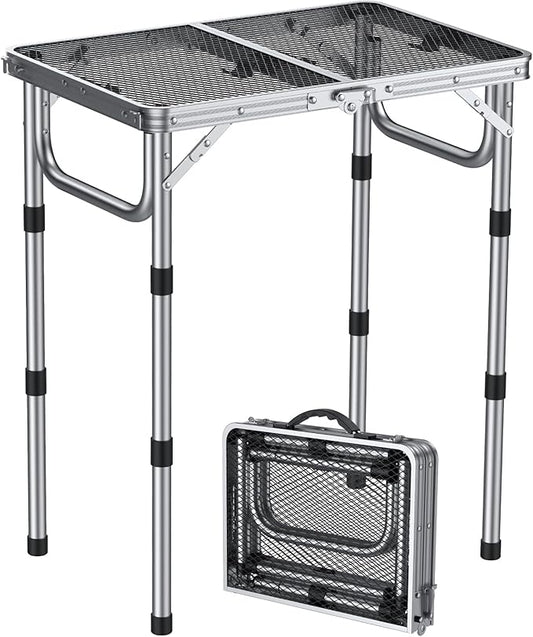 2ft Folding Grill Table, Adjustable Height Max 27.5" Aluminum Camping Table, Heat-Resistant Tabletop, Lightweight, Portable Handle for Travel Cooking BBQ Picnic, 22.8" x 16", Silver