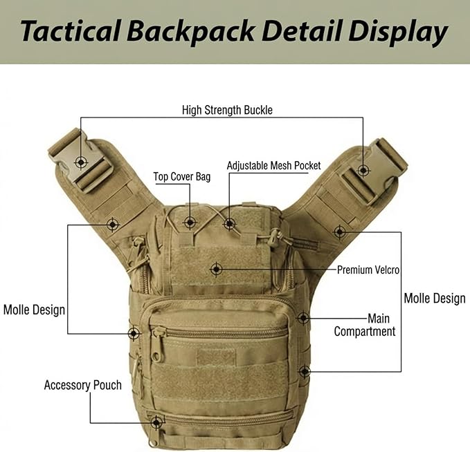 Tactical Backpack for Men，Military Sport Bag Pack Sling Shoulder Backpack Tactical Crossbody Bag EDC Molle Assault Range Bag Chest Pack for Hiking Camping Outdoor - Khaki