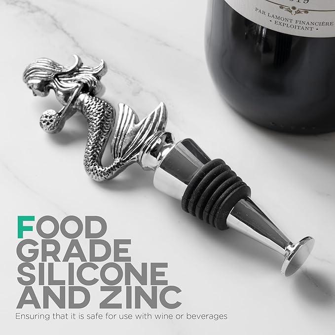 Homestia Wine Stoppers for Wine Bottles, Mermaid Wine Beverage Bottle Stopper, Stainless Steel Reusable Wine Corks with Silicone Seal, Bottle Cover Leak proof Keep Fresh
