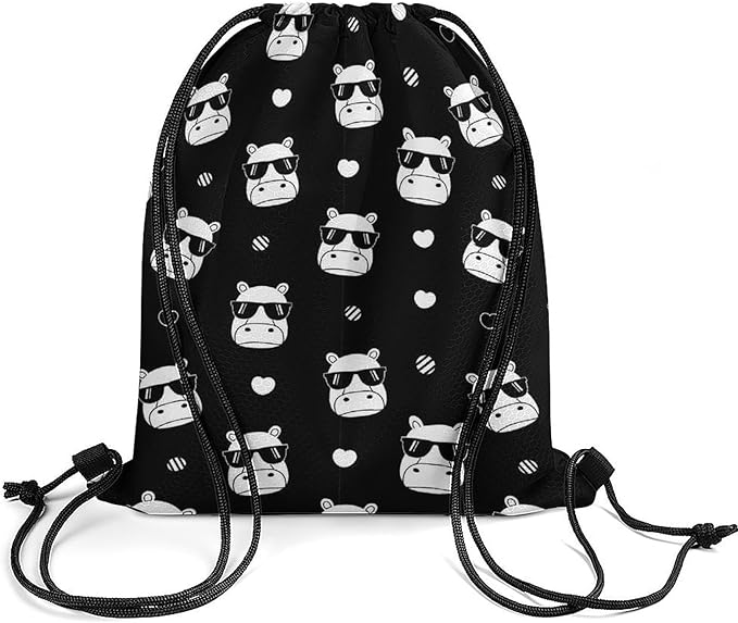 Swimming Drawstring Sack Waterproof Gym Backpack for Beach Sports Yoga Gear, Lightweight Unisex, Hippo Hippopotamus Wearing Sunglasses Bags