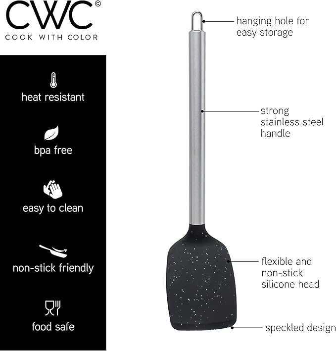 COOK WITH COLOR Silicone Cooking Utensils, Kitchen Utensil Set, Easy to Clean Silicone Kitchen Utensils, Cooking Utensils for Nonstick Cookware, Kitchen Gadgets Set, 5 Pieces, Speckled Black