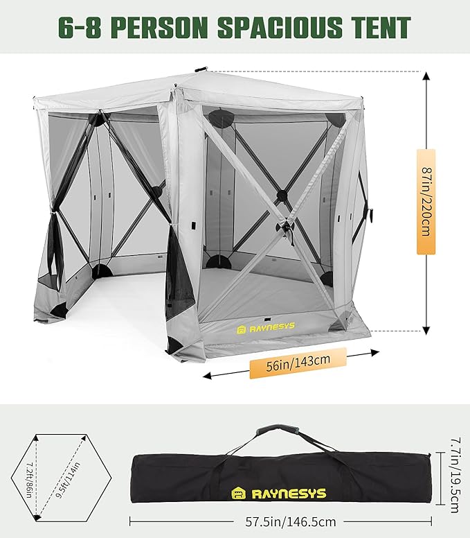 6 Sided Pop Up Gazebo Tent, Camping Screen Tent for 6-8 Person Foldable, Pop-Up Canopy Shelter with Mesh Windows, UV Resistant, Quick Set, Outdoor Gazebo with 6 Removable Wind Cloths