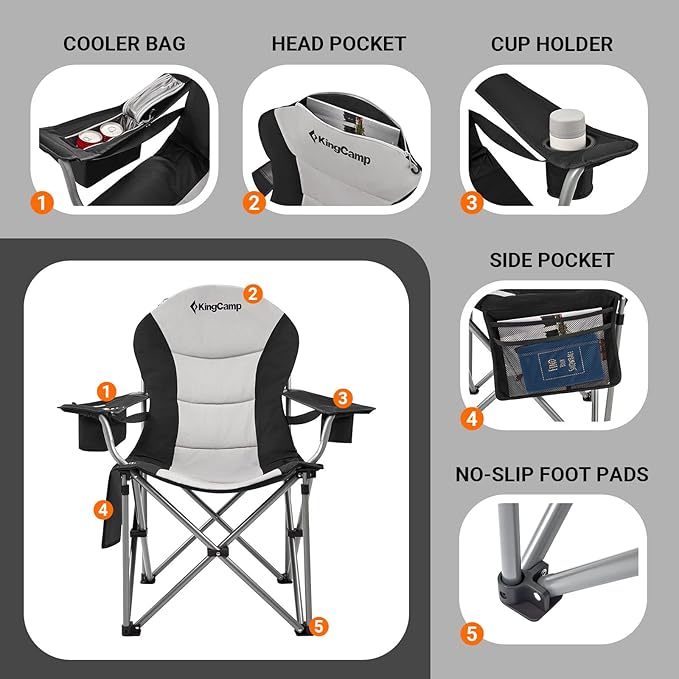 KingCamp Folding Portable Camping Chairs Oversized Padded Quad Arm Chair with Cooler Bag, Cup Holder and Side Pocket, Heavy Duty Supports 300 lbs for Outdoor, Lawn, Fishing, Sports