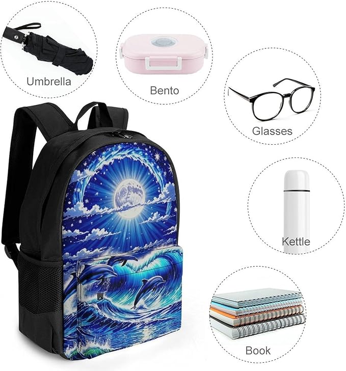 Supdreamc Lightweight Rucksacks for Climbing Outdoors Walking Cycling, Large Capacity Anti-Theft Multipurpose Carry On Bag, Dolphin Blue Great Water Of Waves Sea Moon Camping Outdoor Backpack