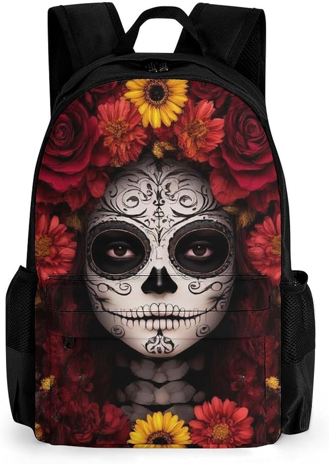 Backpack Multipurpose Anti-Theft Large Capacity Bookbag, Mexican Day Of The Dead Sugar Skull Floral Women Art Travel Hiking Daypack With Side Pockets