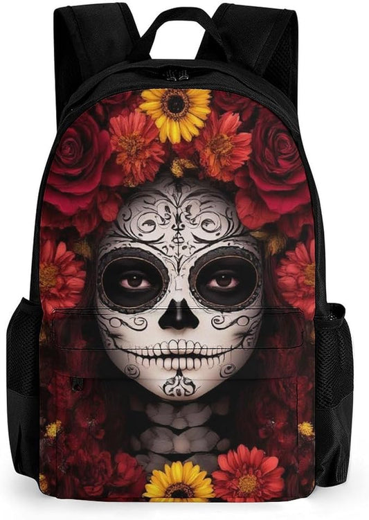 Backpack Multipurpose Anti-Theft Large Capacity Bookbag, Mexican Day Of The Dead Sugar Skull Floral Women Art Travel Hiking Daypack With Side Pockets