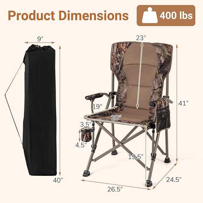 Goplus Folding Camping Chair, 400 LBS Support Lawn Chair w/Armrests with Covers, Cup Holder & Storage Pocket, Adjustable Feet, Portable Camp Chair with Carrying Bag, for Fishing Hunting Picnic (1)