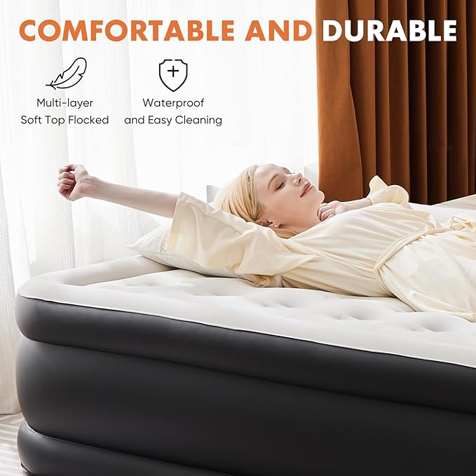Elevon Queen Air Mattress with Built in Pump, 16"/660lbs Max Blow Up Bed, Double-Height Non-Slip Bottom Mattress, Durable & Waterproof Air Bed for Guests Home Camping