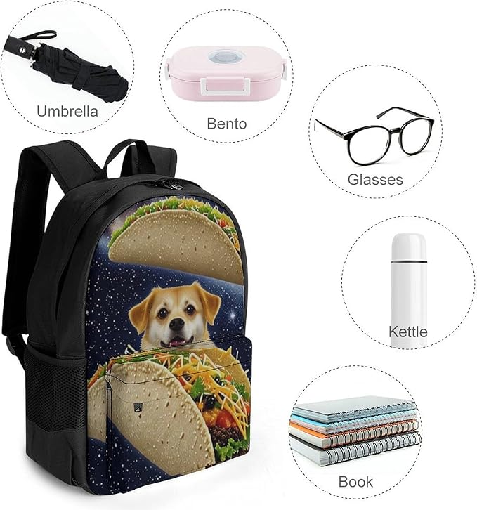 Supdreamc Men Women Lightweight Space Funny Corgi Dog Pizza Taco Casual Daypack Big Capacity Bookbag With Padded Straps for Gym Travel Walking Cycling