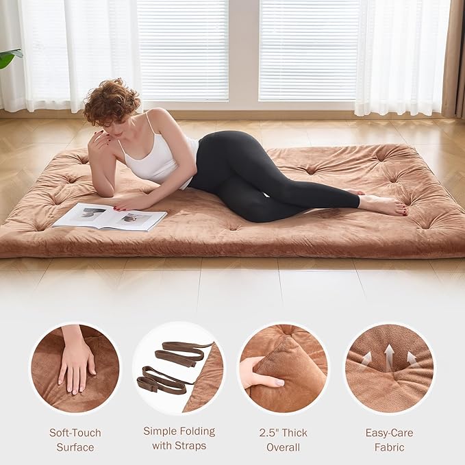 Japanese Floor Futon Mattress Queen Size 60"x 80", 2.5'' Thick Foldable Roll Up Floor Bed Sleeping Pad, 25D Foam Filled Tatami Mat with Straps for Guest Room, Dormitory & Camping, Brown
