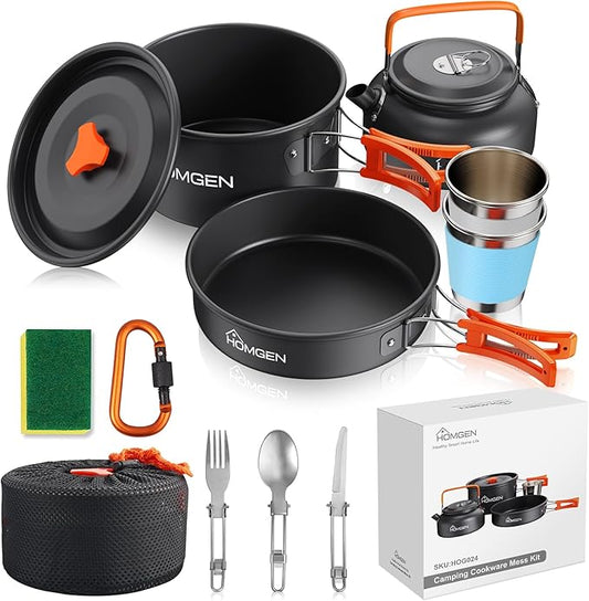 HOMGEN 12-Pieces Ultralight Anodized Aluminum Camping Cookware Set for 2 People - Nesting Pot/Pan with Foldable Handles 800ml Insulated Teapot & Stainless Cups for Camping Hiking