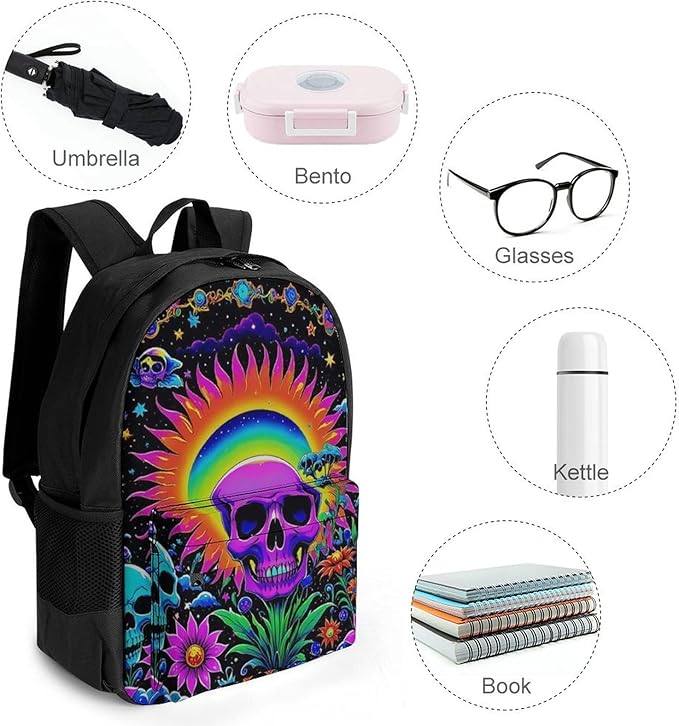 Supdreamc Men Women Polyester Psychedelic Skull Sun And Moon Neon Art Casual Daypack Large Capacity Carry On Bag With Adjustable Shoulder Straps for Camping Work Running