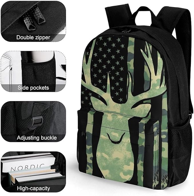 Polyester Daypack Bookbag for Gym Business Bicycle, Large Capacity Multipurpose Anti-Theft Carry On Bag, Camouflage American Flag Hunting Deer Camo Travel Hiking Daypack