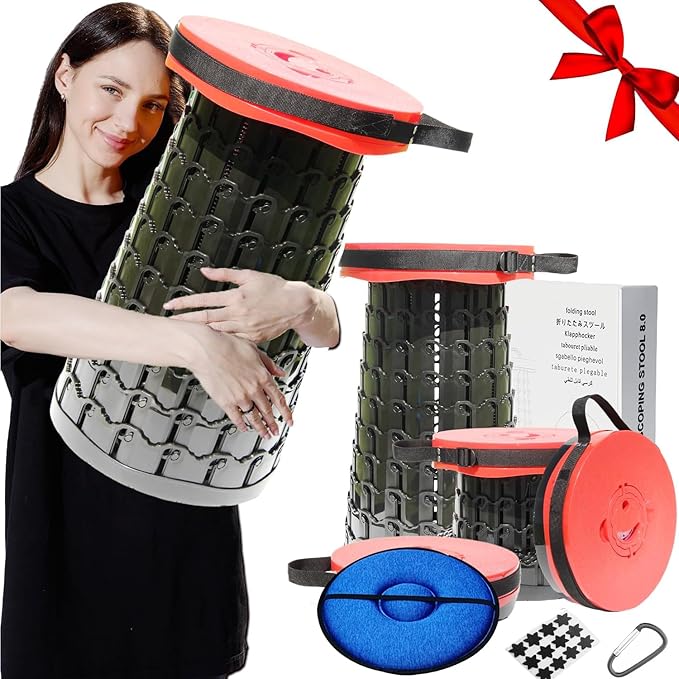 Upgraded 19.7"Portable Collapsible Folding Stool with Cushion Retractable Telescoping Foldable Stool for Adults Heavy Duty Camping Sturdy with Max Load Capacity 1000lbs for Outdoor Fishing Hiking BBQ