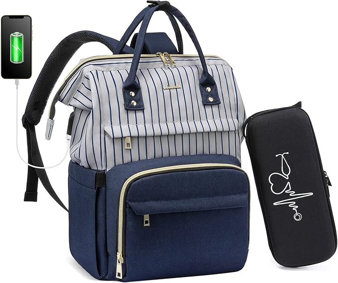 LOVEVOOK Nurse Backpack Laptop Backpack for Women with Stethoscope Case & USB Charging Port Anti Theft Travel Backpacks Doctor Bag Fits 15.6 Inch Laptop and Notebook, Blue Stripes