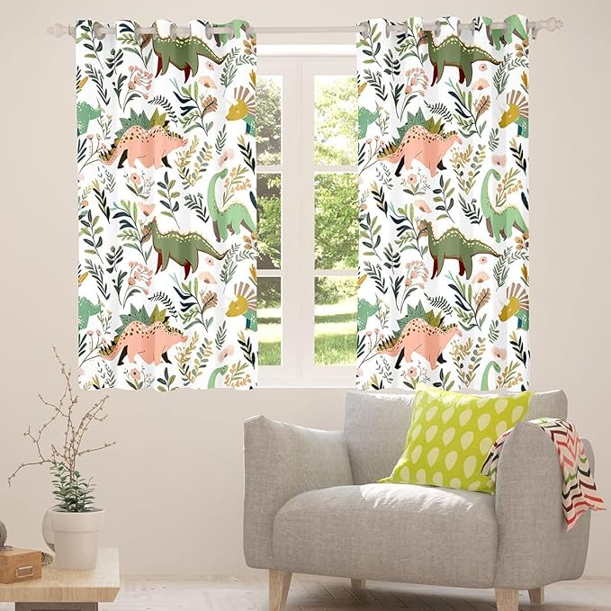 Green Dinosaurs Window Curtain | Tropical Palm Leaf Window Treatment Curtain for Women Bedroom Decor,Cartoon Dinosaur Curtains Colorful Floral Living Room Top 2 Panels,52Wx90L